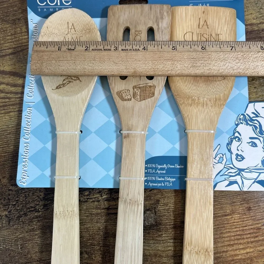 Core Bamboo Utensils Set of 3 Expressions French Engraved Kitchen Tools New